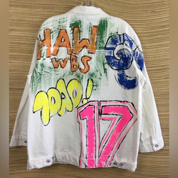 Aikha Handmade Graffiti Hand Painted Denim Jeans Jacket in White Size M/L - Picture 6 of 16